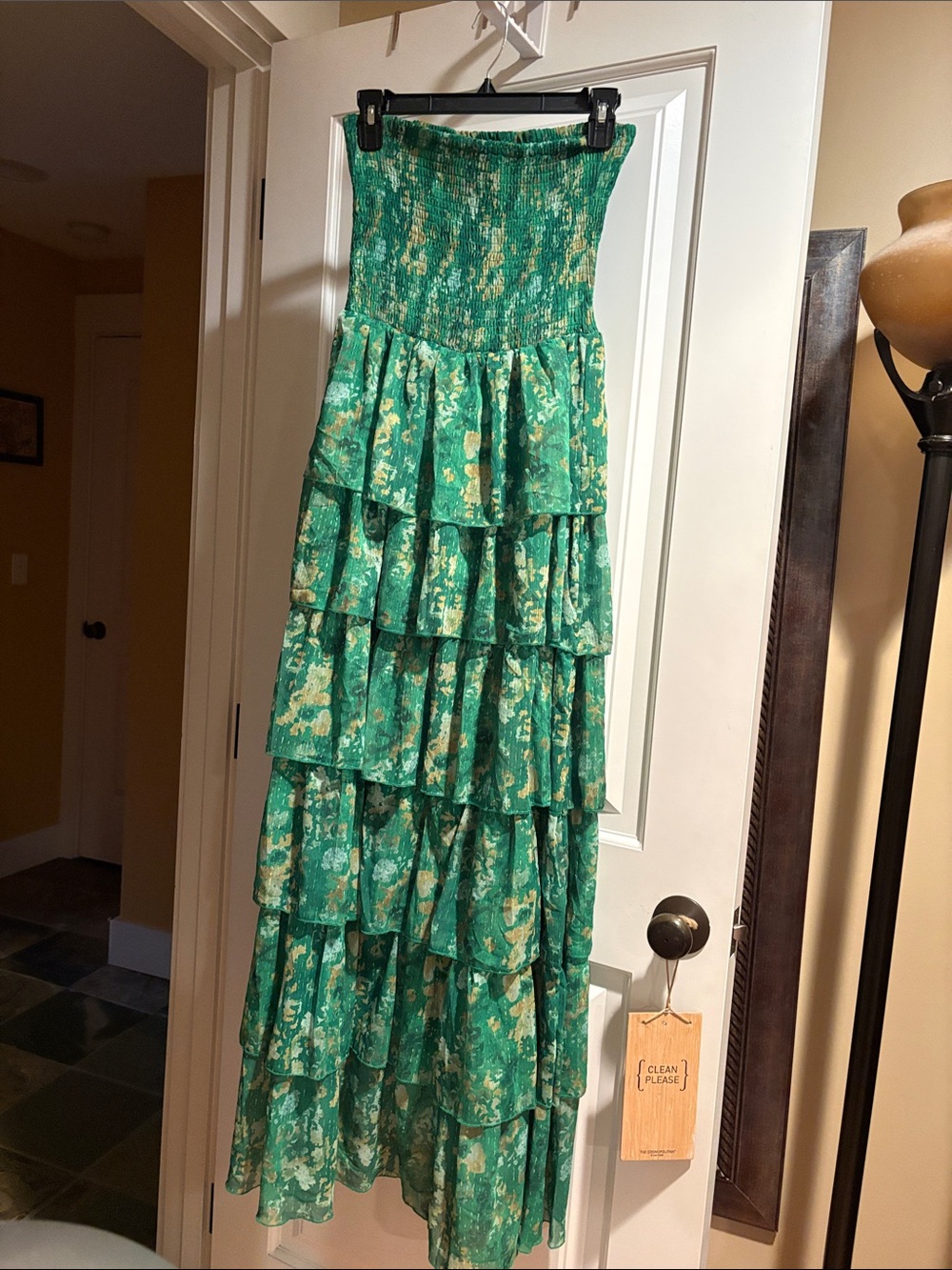 Tiered Green Floral Maxi Dress - Strapless Smocked Bodice